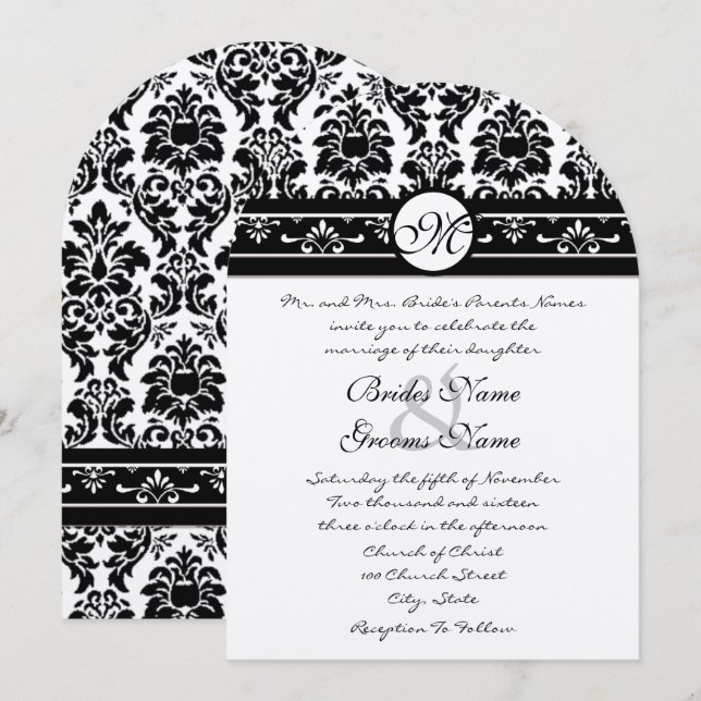 Elegant Black Faux Engraved Blommigt Damask Weddin Inbjudningar (Fram/baksida)