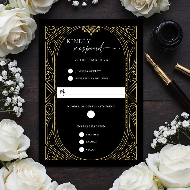 Elegant Black Faux Gold Art Deco Response Card OSA Kort (Elegant Black Faux Gold Art Deco RSVP Response Card)
