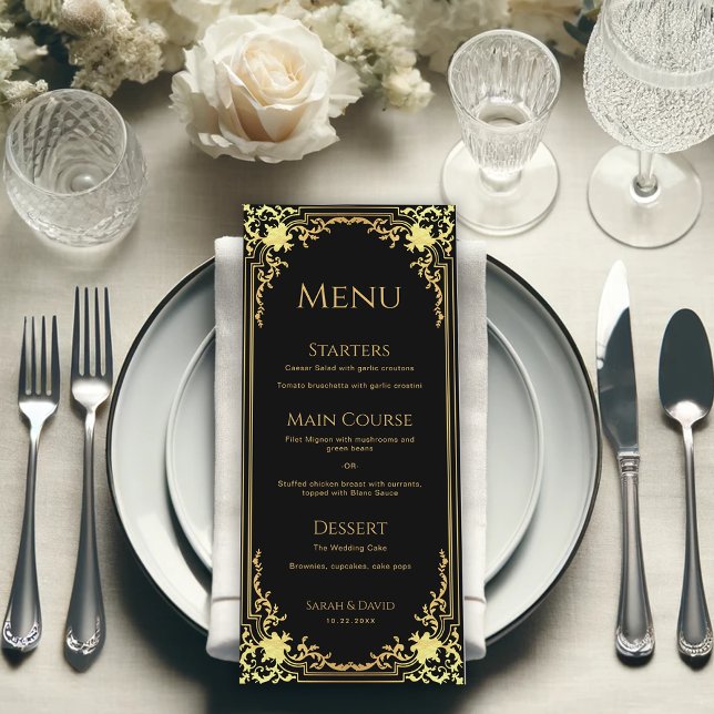 Elegant Black Faux Gold Foil Vintage bröllop Meny (Skapare uppladdad)