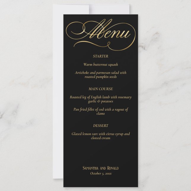 Elegant Black & Faux Guld Calligraphy Bröllop Menu Inbjudningar (Framsida)