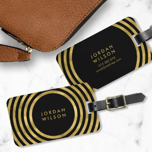Elegant Black & Faux Guld Circles Geometric Linjer Bagagebricka