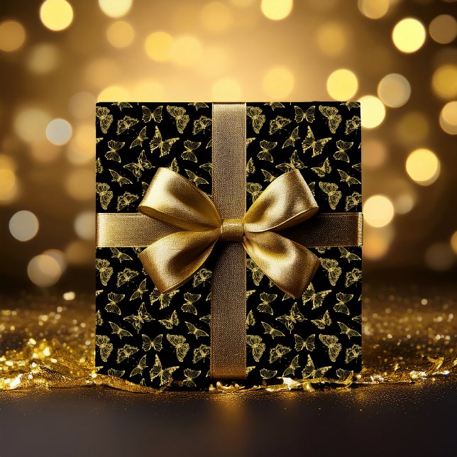 Elegant Black Faux Guld Glitter Butterflies Presentpapper (Elegant Black and Faux Gold Glitter Butterflies Pattern Wrapping Paper)