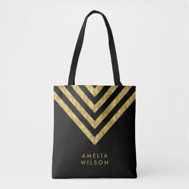 Elegant Black Faux Guld Namn Chevron Mönster Tygkasse (Framsida)