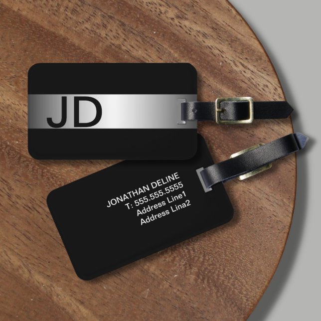 Elegant Black Faux Silver fet Monogram Bagagebricka (Skapare uppladdad)