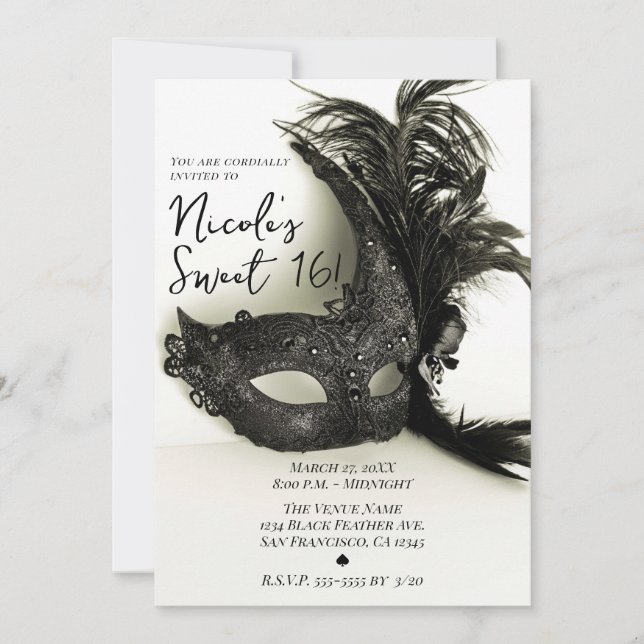 Elegant Black Feather Masquerae Sage Sweet 16 Inbjudningar (Framsida)