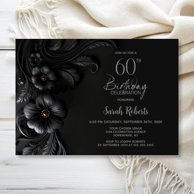 Elegant Black Floral 60th Birthday Party Inbjudningar (Skapare uppladdad)