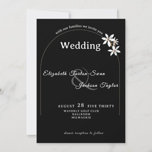 Elegant Black Floral Arch Typography Wedding Inbjudningar (Framsida)