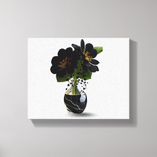 Elegant Black Floral Bouquet in Marble Vase. Canvastryck (Framsida)