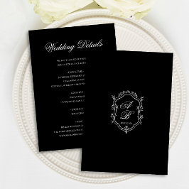Elegant Black Floral Crest Monogram Script Wedding Tilläggskort