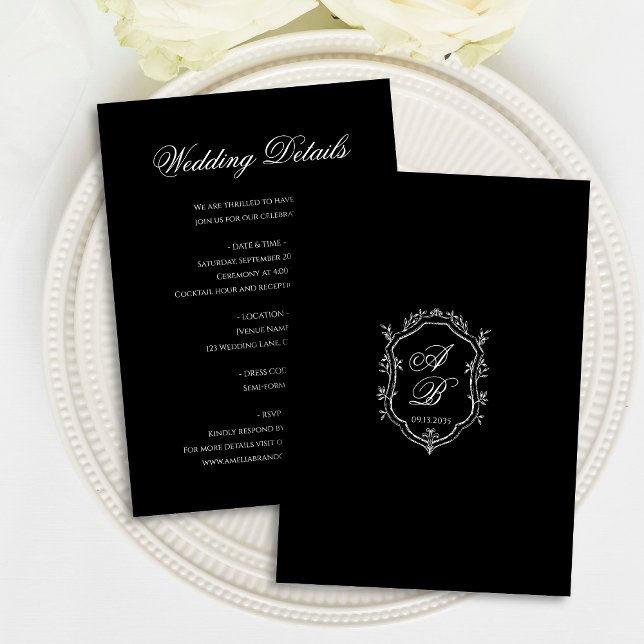 Elegant Black Floral Crest Monogram Script Wedding Tilläggskort (Skapare uppladdad)