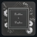 Elegant Black Floral Frame White Daisies Wedding Fyrkantigt Klistermärke<br><div class="desc">Bring refined charm and dramatic flair to your wedding stationery with this Elegant Black Floral Frame Wedding Sticker featuring a modern geometric layout softened by graceful white daisies and baby's breath. Set against a luxurious black background, the square focal panel is bordered by symmetrical thin white and gold-tone lines that...</div>
