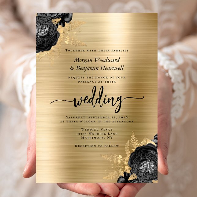 Elegant Black Floral Gold Brushed Metal Wedding Inbjudningar (Skapare uppladdad)