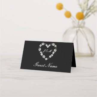 Elegant Black Floral Heart Wedding Place Card Placeringskort
