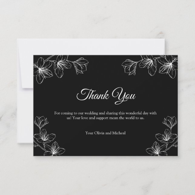Elegant Black Floral Line Art Wedding  Tack Kort (Framsida)