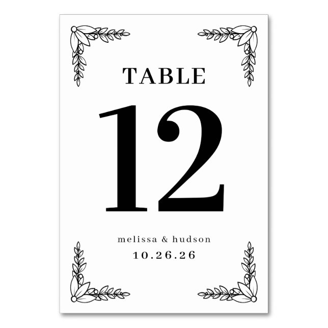 Elegant Black Floral Table Number Bordsnummer (Framsidan)