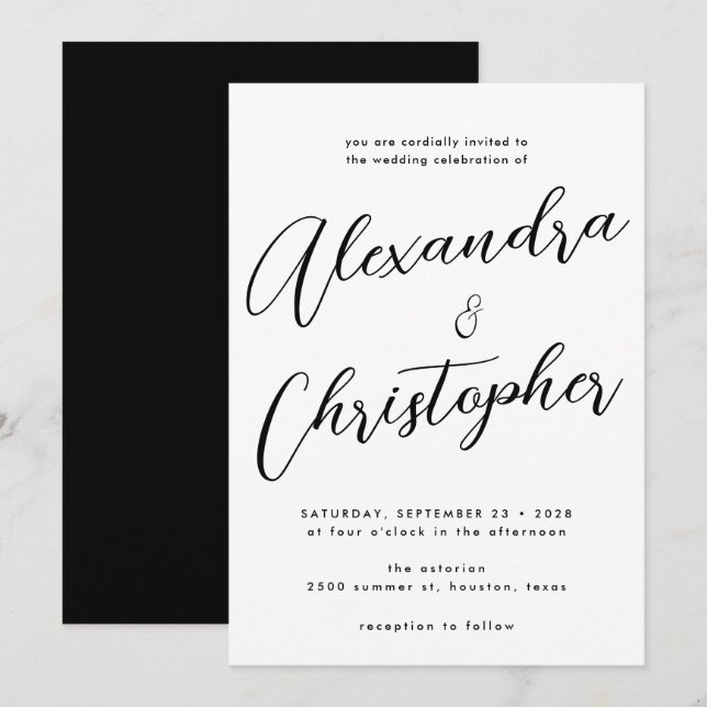Elegant Black Flourish Calligraphy Bröllop Inbjudningar (Fram/baksida)