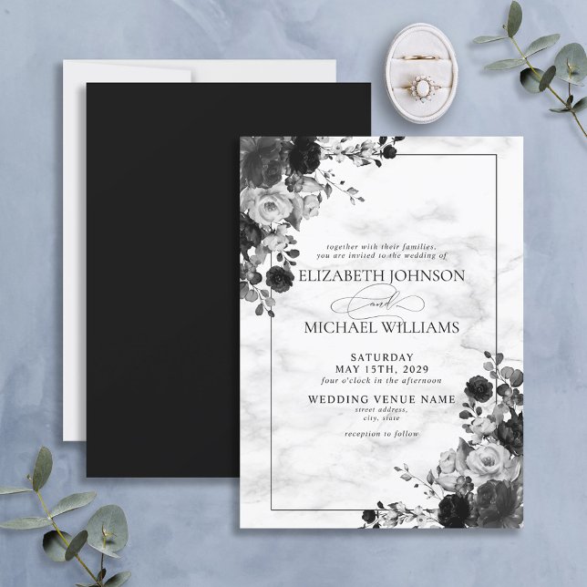 Elegant Black Flowers Watercolor Marble Bröllop Inbjudningar (Skapare uppladdad)