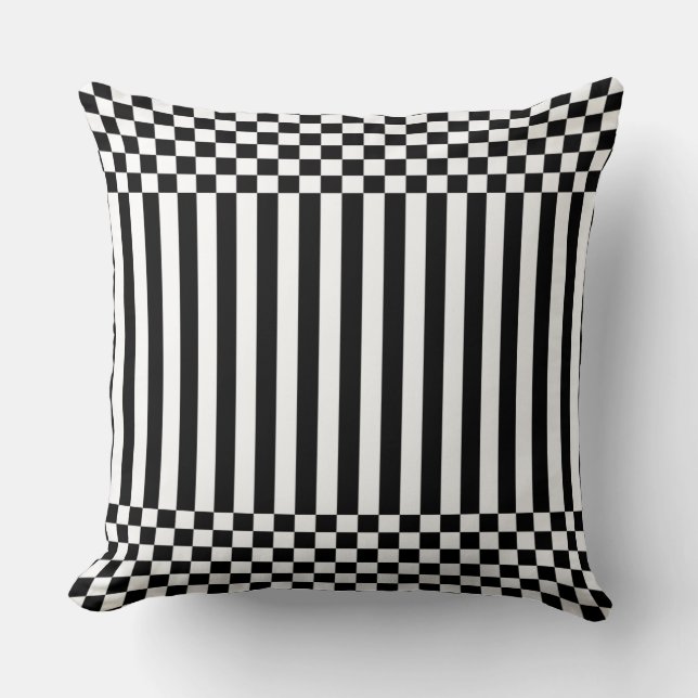 Elegant Black Geometric Rand & Checker White Kudde (Framsida)
