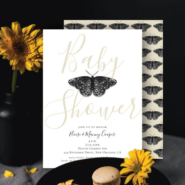 Elegant Black Glitter Butterfly Cream Baby Shower Inbjudningar (Skapare uppladdad)