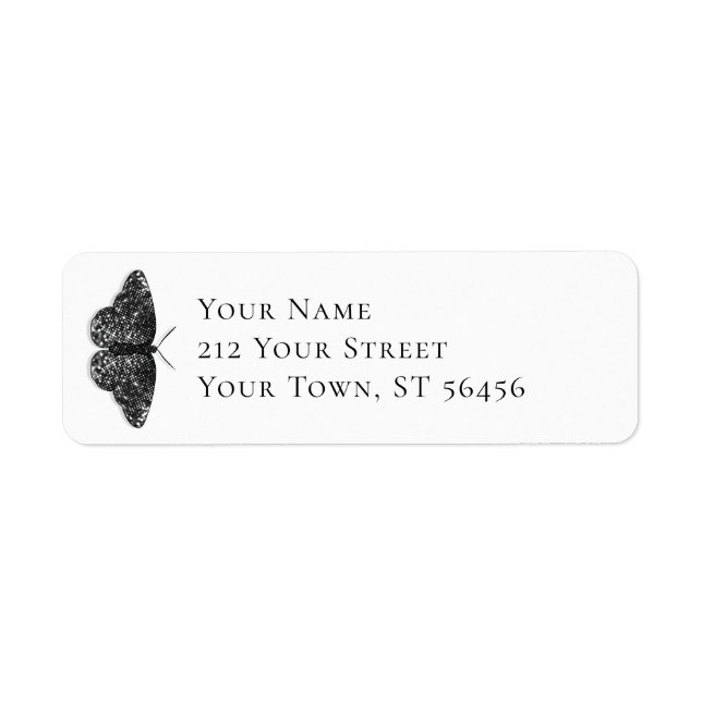 Elegant Black Glitter Butterfly Returadress Etikett (Framsidan)