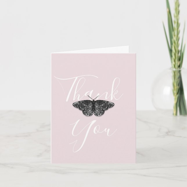 Elegant Black Glitter Butterfly-Rosa, mappad Tack Kort (Framsida)