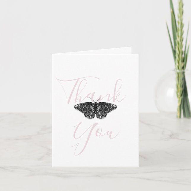 Elegant Black Glitter Butterfly-Rosa, mappad Tack Kort (Framsida)