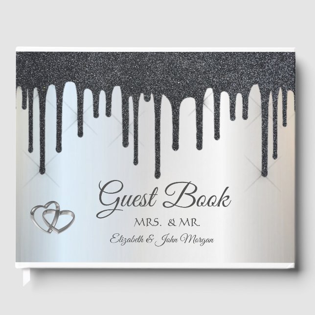 Elegant Black Glitter-drivrutiner Hearts Bröllop Gästböcker (Framsida)
