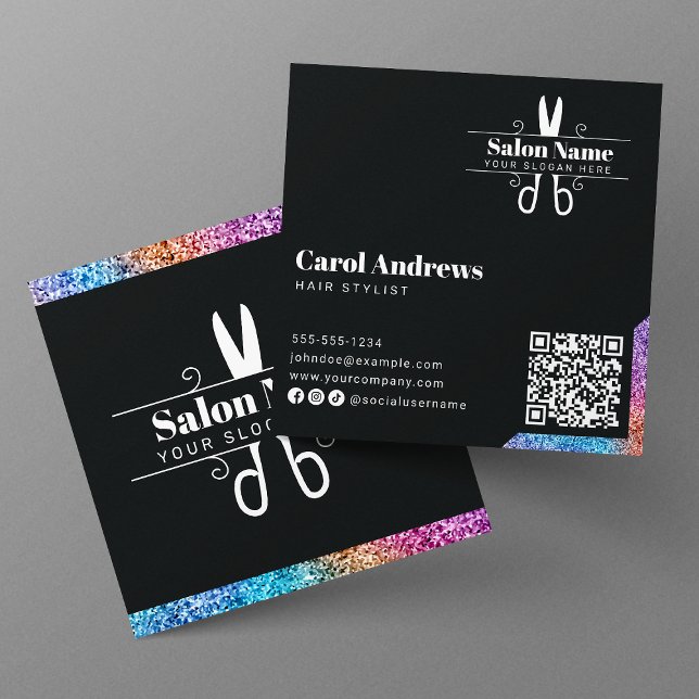 Elegant Black & Glitter Hårstylist Qr Code Logotyp Fyrkantigt Visitkort (Skapare uppladdad)