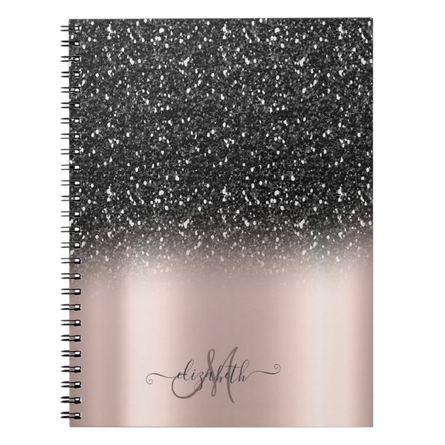 Elegant Black Glitter Ombre Monogram Ro Guld Anteckningsbok (Framsidan)