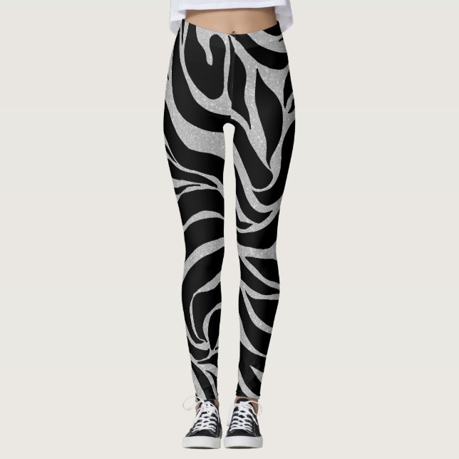 Elegant Black Glitter Zebra Animal Print Leggings (Framsida)