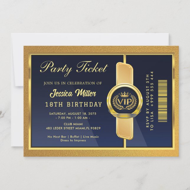 Elegant Black & Gold 18th Birthday Ticket Invite Inbjudningar (Framsida)