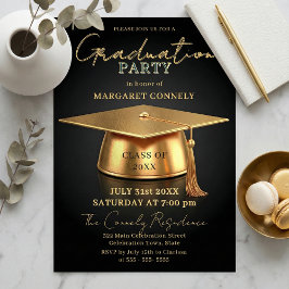 Elegant Black & Gold 3D Cap Graduation Party Inbjudningar