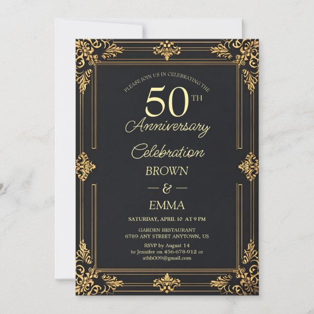 Elegant Black Gold 50th Anniversary Celebration In Inbjudningar (Framsida)
