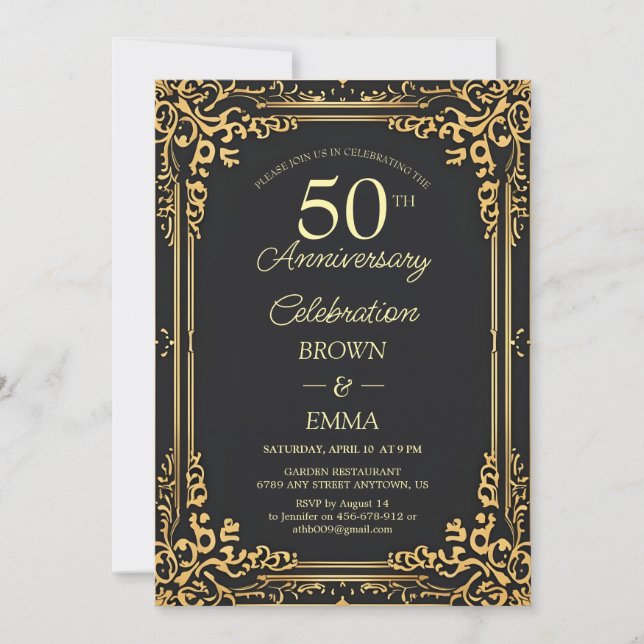 Elegant Black Gold 50th Anniversary Celebration In Inbjudningar (Framsida)