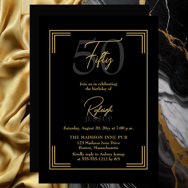 Elegant Black Gold 50th Birthday Art Deco Party Inbjudningar (Elegant black and gold 50th birthday invitation with refined Art Deco frame)