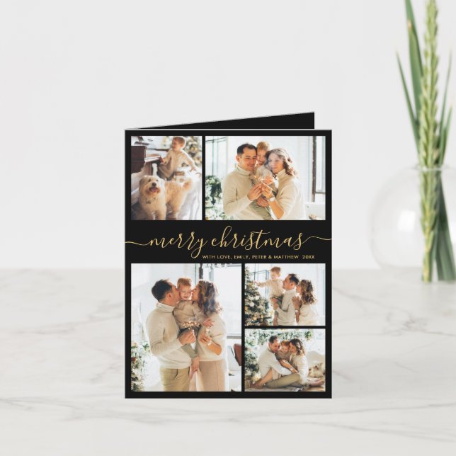 Elegant Black Gold 5 Photo Collage Christmas  Helgkort (Framsida)