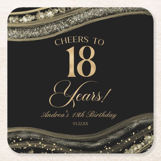 Elegant Black Gold Agate 18th Birthday Party Underlägg Papper Kvadrat (Framsidan)
