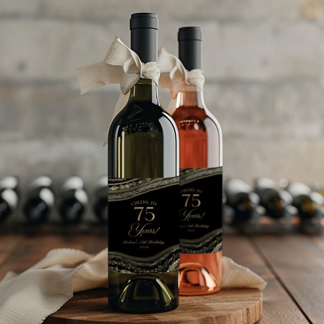 Elegant Black Gold Agate 75th Birthday Party Vinflaska Etikett (Skapare uppladdad)