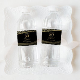 Elegant Black Gold Agate 80th Birthday Party Vattenflaskor Etikett