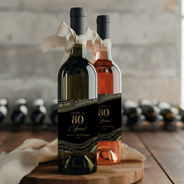 Elegant Black Gold Agate 80th Birthday Party Vinflaska Etikett