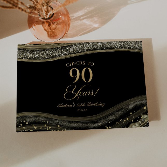 Elegant Black Gold Agate 90th Birthday Party Gästböcker (Skapare uppladdad)