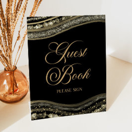 Elegant Black Gold Agate Guest Book Sign