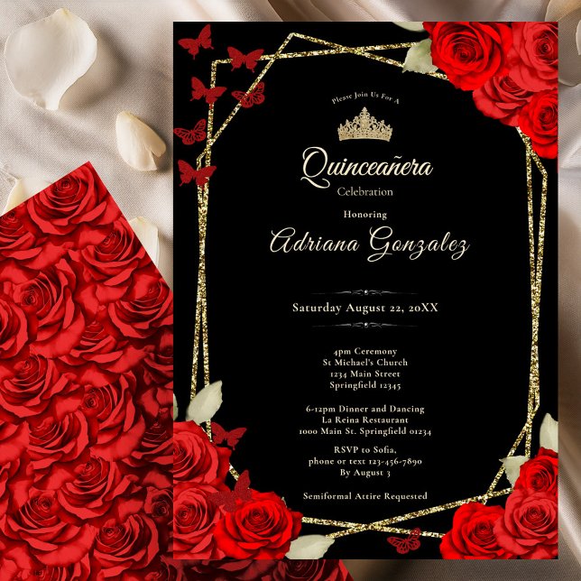 Elegant Black Gold and Red Roses Quinceanera  Inbjudningar (Skapare uppladdad)