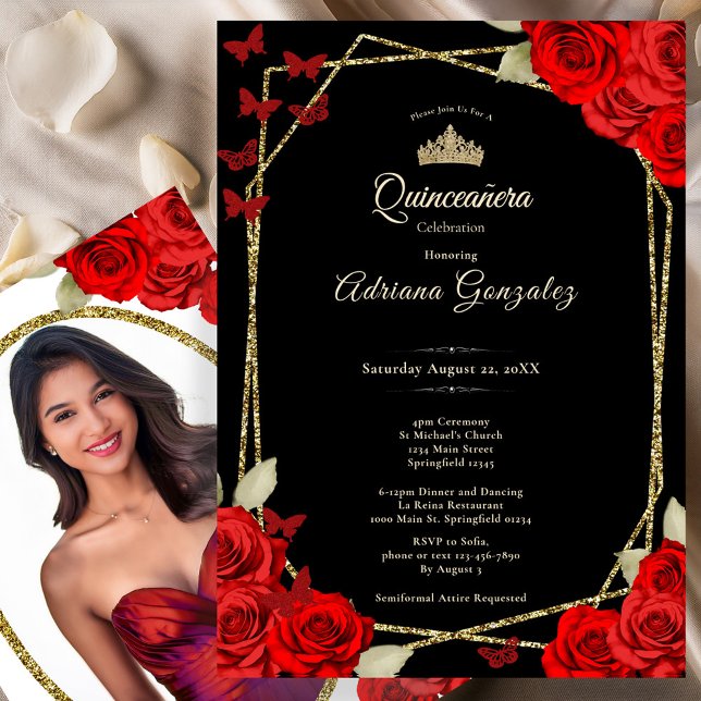 Elegant Black Gold and Red Roses Quinceanera  Inbjudningar (Skapare uppladdad)