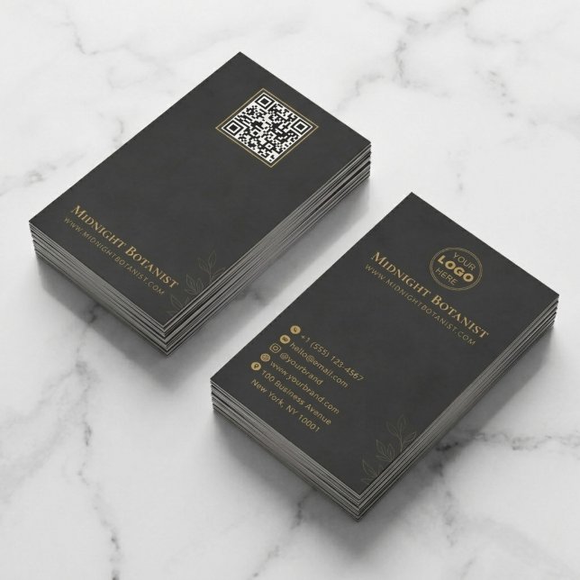 Elegant Black Gold Art Deco QR Code Florist Visitkort (Luxury Black & Gold QR Code Business Card Design | Minimalist Branding for Florists)