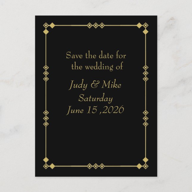 Elegant Black & Gold Art Deco Save the date card Meddelande Vykort (Framsida)