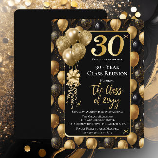 Elegant Black Gold Balloons 30 Year Class Reunion Inbjudningar