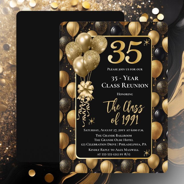 Elegant Black Gold Balloons 35 Year Class Reunion Inbjudningar (Elegant 35 Year Black and Gold Tone Faux Glitter Balloons Class Reunion Invitations -Print | Digital)