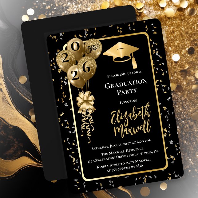 Elegant Black Gold Balloons Graduation Party Inbjudningar (Elegant Black and Gold Tone Graduation Party Invitation Balloons and Confetti - Print | Digital)