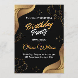 Elegant Black & Gold Birthday Party Invitation Inbjudningar